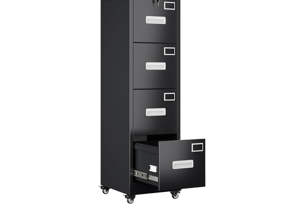 Black 4 drawer vertical file cabinet with lock, bottom drawer open, on wheels