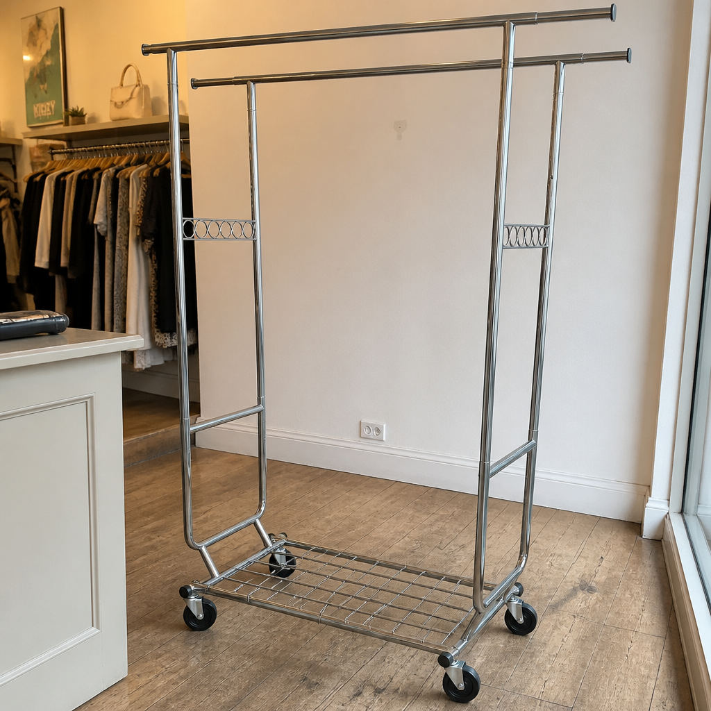 Stowena Heavy Duty Double Rolling Clothes Rack, Commercial Garment Rack with Wheels, Adjustable Chrome Closet Organizer for Bedroom, Boutique, Laundry Room, and Garment Storage