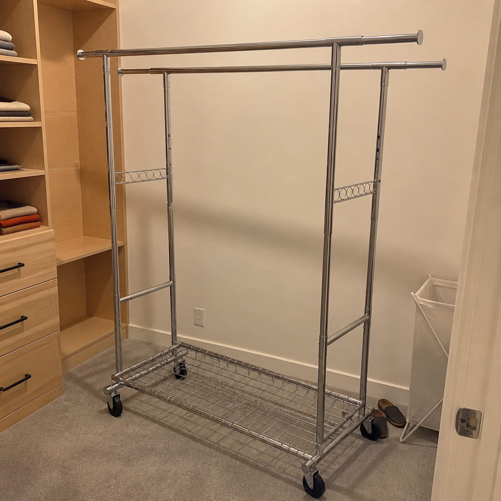 Stowena Heavy Duty Double Rolling Clothes Rack, Commercial Garment Rack with Wheels, Adjustable Chrome Closet Organizer for Bedroom, Boutique, Laundry Room, and Garment Storage