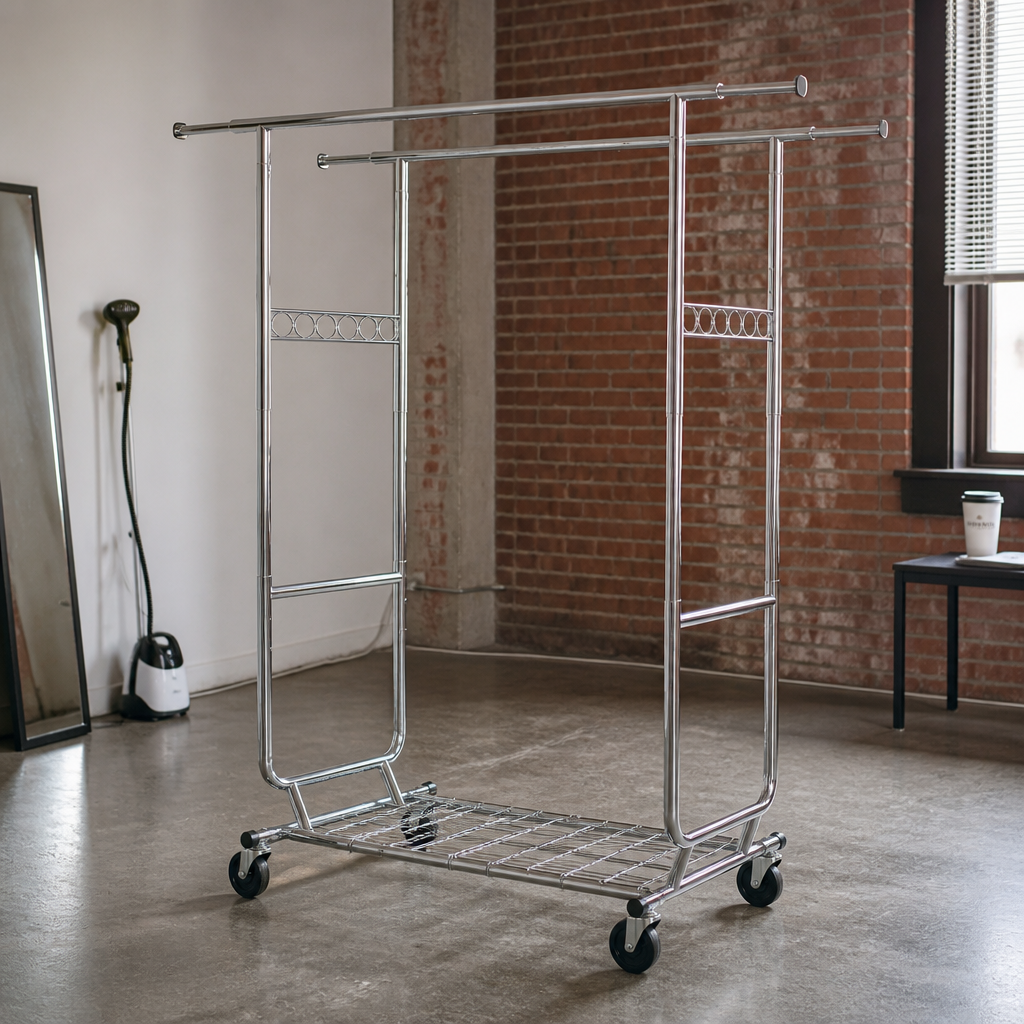 Stowena Heavy Duty Double Rolling Clothes Rack, Commercial Garment Rack with Wheels, Adjustable Chrome Closet Organizer for Bedroom, Boutique, Laundry Room, and Garment Storage