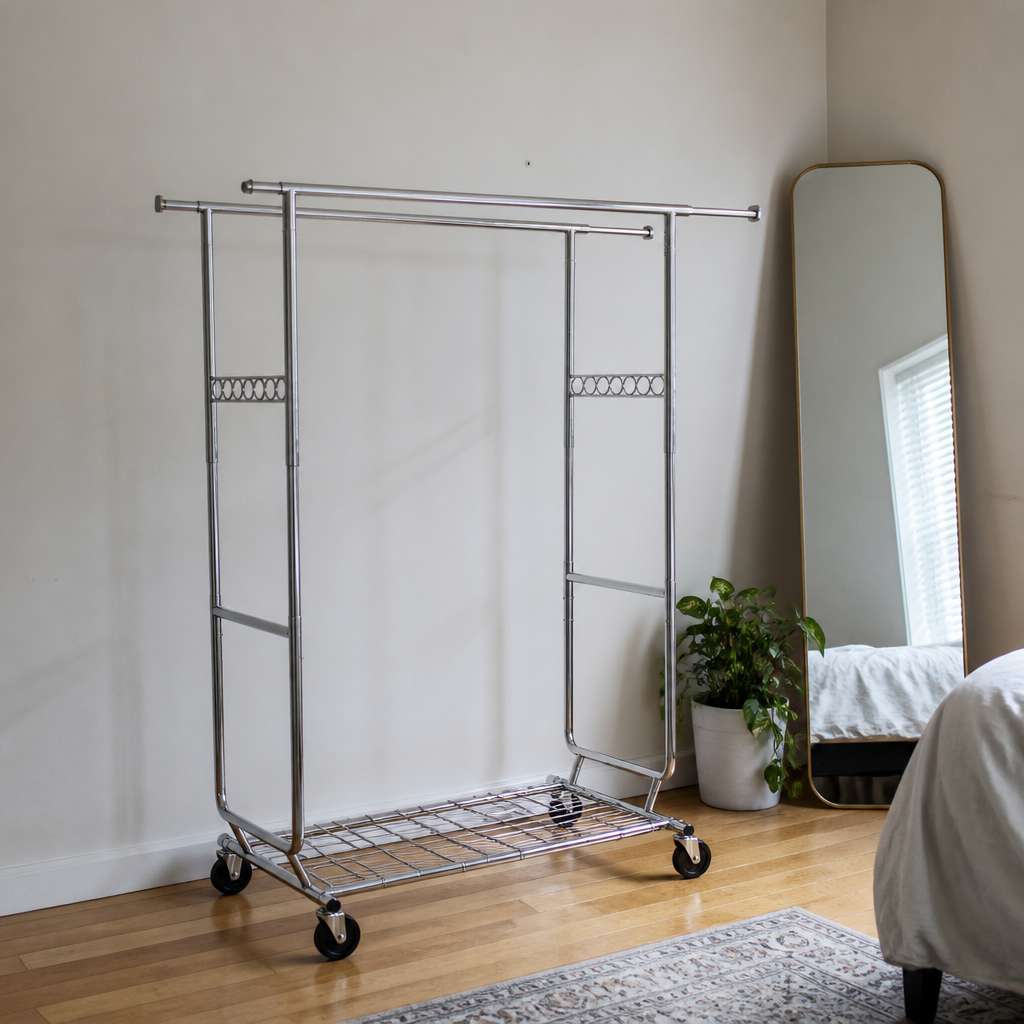Stowena Heavy Duty Double Rolling Clothes Rack, Commercial Garment Rack with Wheels, Adjustable Chrome Closet Organizer for Bedroom, Boutique, Laundry Room, and Garment Storage