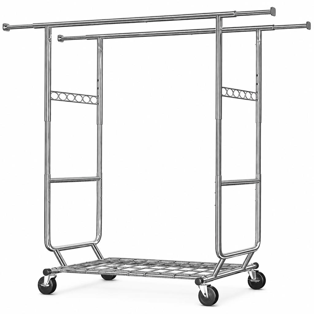 Stowena Heavy Duty Double Rolling Clothes Rack, Commercial Garment Rack with Wheels, Adjustable Chrome Closet Organizer for Bedroom, Boutique, Laundry Room, and Garment Storage