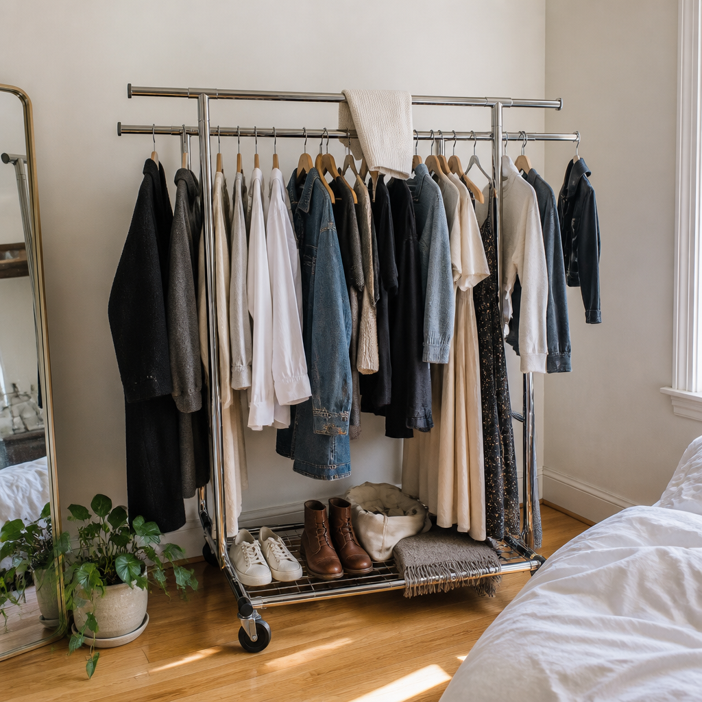 Stowena Heavy Duty Double Rolling Clothes Rack, Commercial Garment Rack with Wheels, Adjustable Chrome Closet Organizer for Bedroom, Boutique, Laundry Room, and Garment Storage