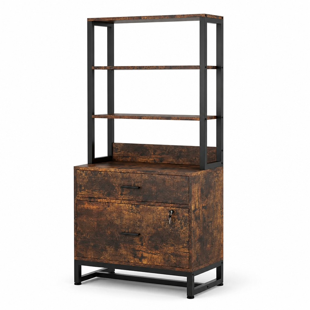 Stowena 2-Drawer Vertical File Cabinet with Lock and 4-Tier Bookshelf, Rustic Brown Industrial Filing Cabinet for Home Office, Bedroom, and Workspace Storage