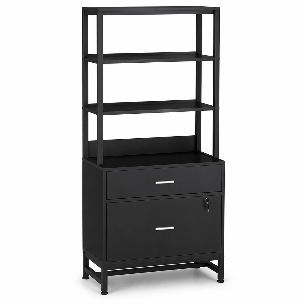 Stowena 2-Drawer Vertical File Cabinet with Lock and 4-Tier Bookshelf, Rustic Brown Industrial Filing Cabinet for Home Office, Bedroom, and Workspace Storage