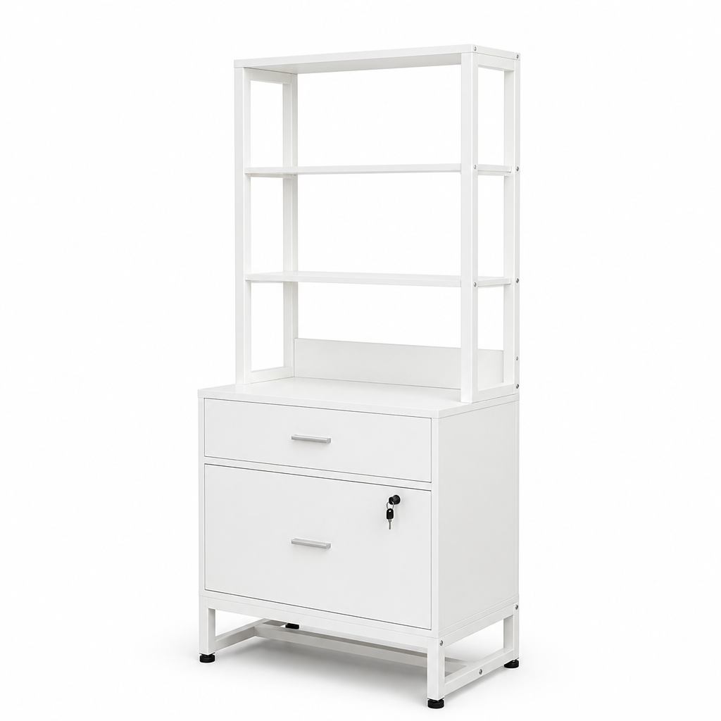 Stowena 2-Drawer Vertical File Cabinet with Lock and 4-Tier Bookshelf, Rustic Brown Industrial Filing Cabinet for Home Office, Bedroom, and Workspace Storage