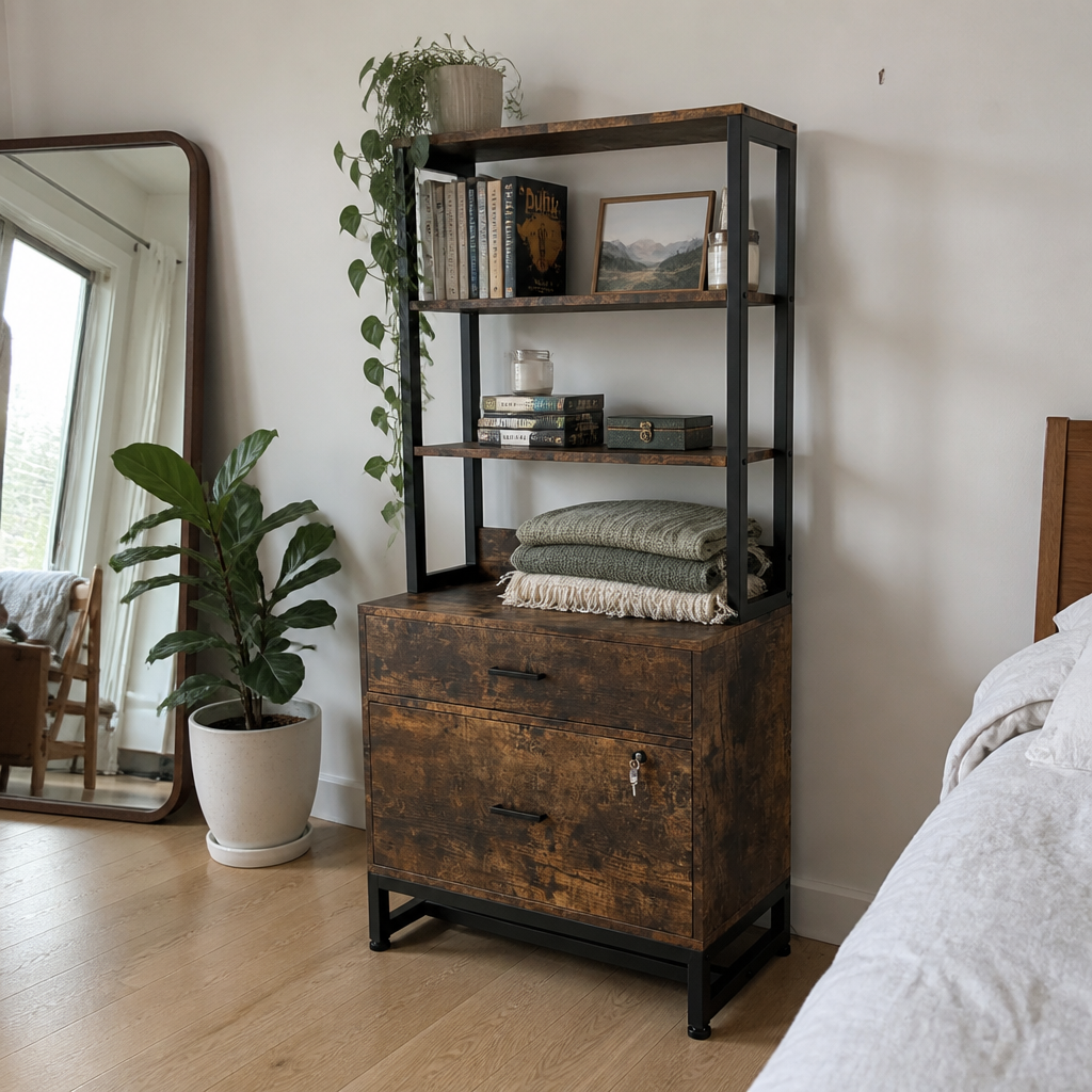 Stowena 2-Drawer Vertical File Cabinet with Lock and 4-Tier Bookshelf, Rustic Brown Industrial Filing Cabinet for Home Office, Bedroom, and Workspace Storage