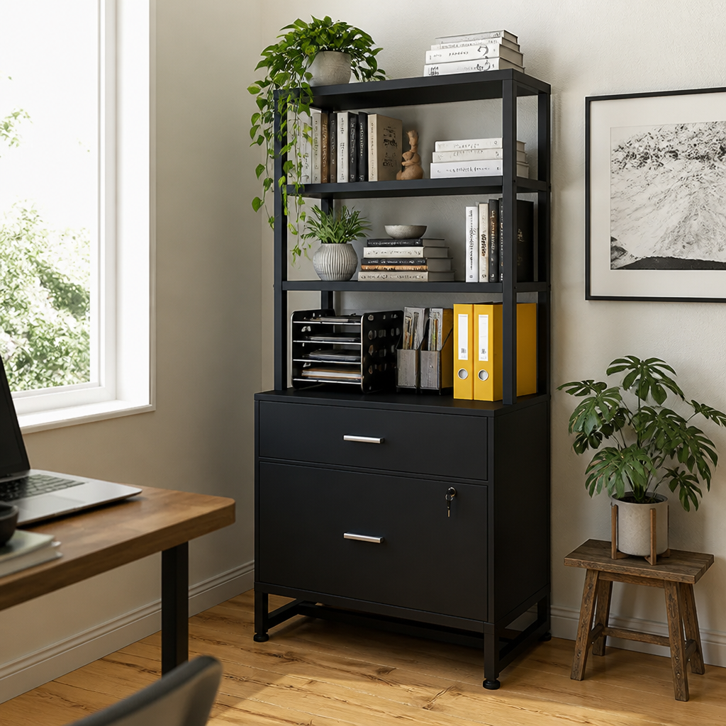 Stowena 2-Drawer Vertical File Cabinet with Lock and 4-Tier Bookshelf, Rustic Brown Industrial Filing Cabinet for Home Office, Bedroom, and Workspace Storage