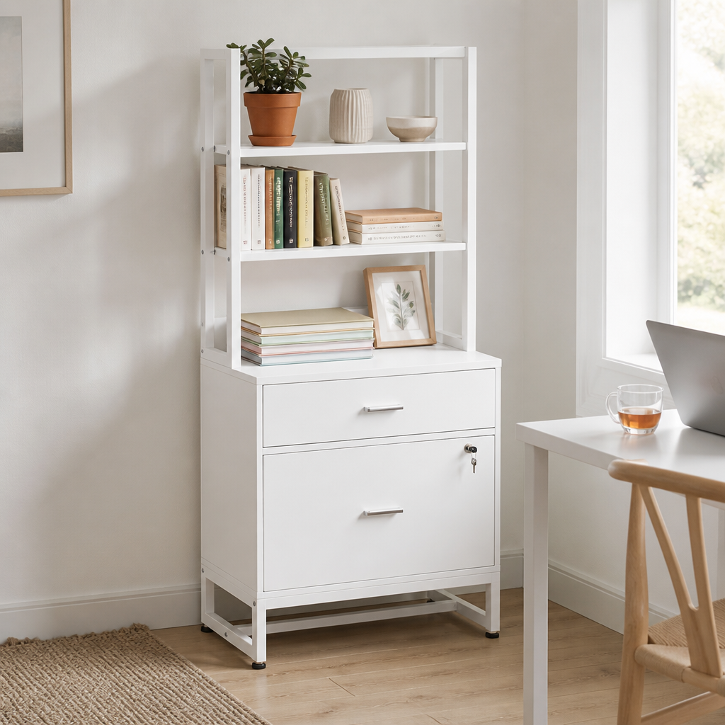 Stowena 2-Drawer Vertical File Cabinet with Lock and 4-Tier Bookshelf, Rustic Brown Industrial Filing Cabinet for Home Office, Bedroom, and Workspace Storage