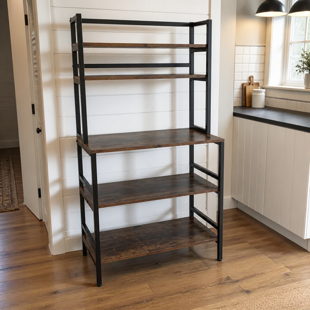 Stowena Industrial 5-Tier Kitchen Baker's Rack, Rustic Brown Freestanding Microwave Stand and Utility Storage Shelf with Hutch for Kitchen, Pantry, Dining Room, and Living Room