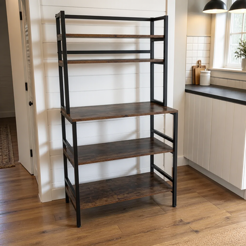 Stowena Industrial 5-Tier Kitchen Baker's Rack, Rustic Brown Freestanding Microwave Stand and Utility Storage Shelf with Hutch for Kitchen, Pantry, Dining Room, and Living Room