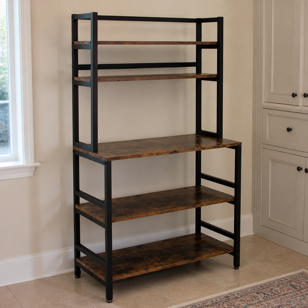 Stowena Industrial 5-Tier Kitchen Baker's Rack, Rustic Brown Freestanding Microwave Stand and Utility Storage Shelf with Hutch for Kitchen, Pantry, Dining Room, and Living Room