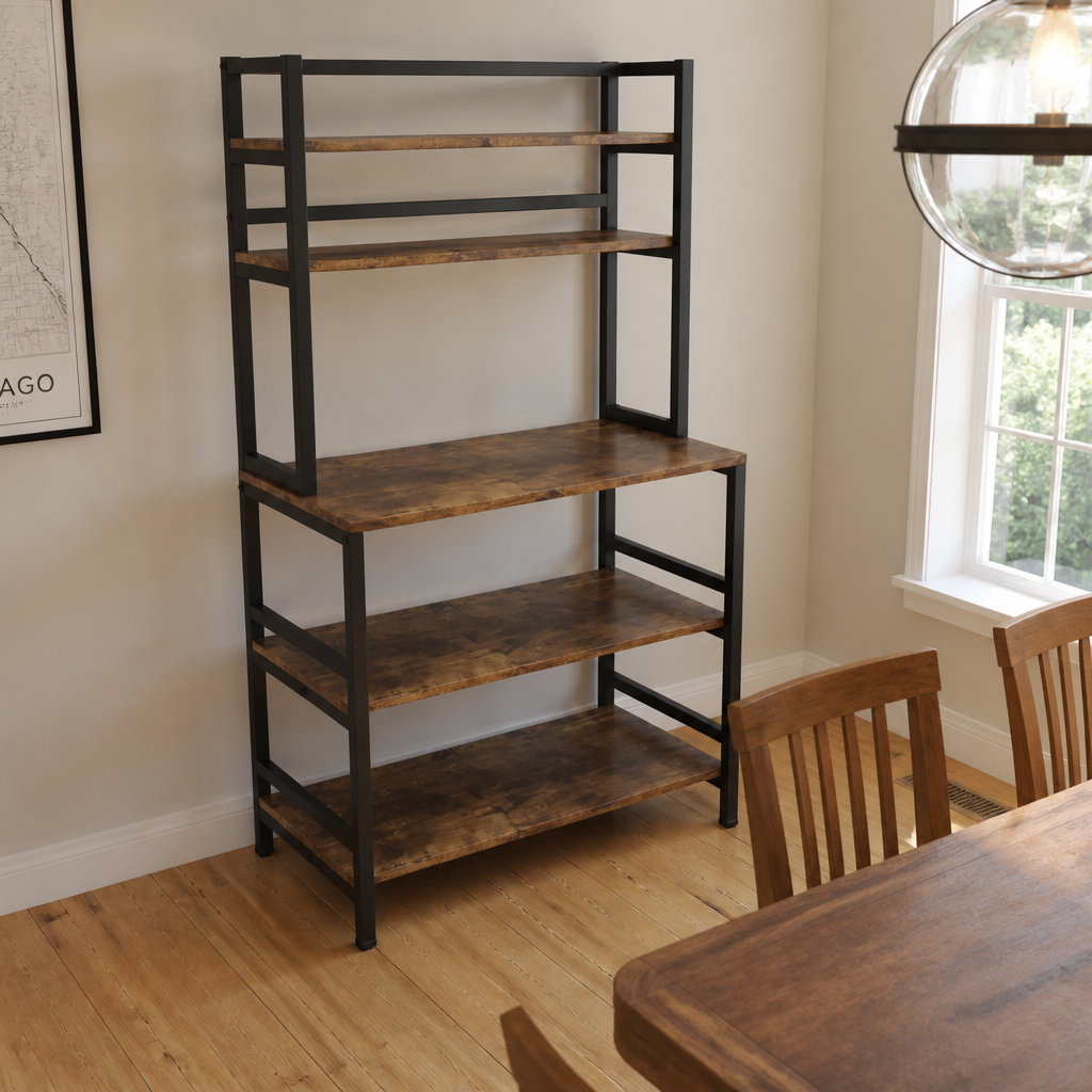 Stowena Industrial 5-Tier Kitchen Baker's Rack, Rustic Brown Freestanding Microwave Stand and Utility Storage Shelf with Hutch for Kitchen, Pantry, Dining Room, and Living Room
