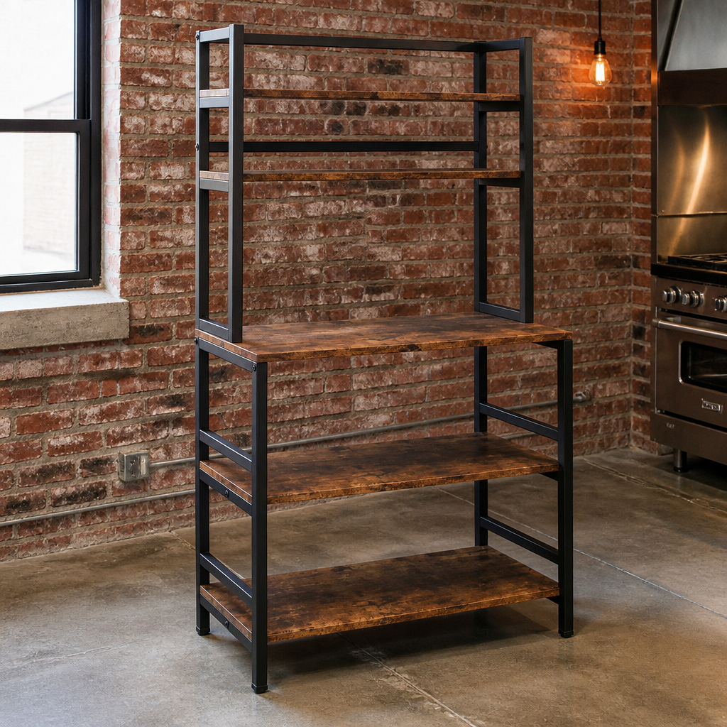 Stowena Industrial 5-Tier Kitchen Baker's Rack, Rustic Brown Freestanding Microwave Stand and Utility Storage Shelf with Hutch for Kitchen, Pantry, Dining Room, and Living Room