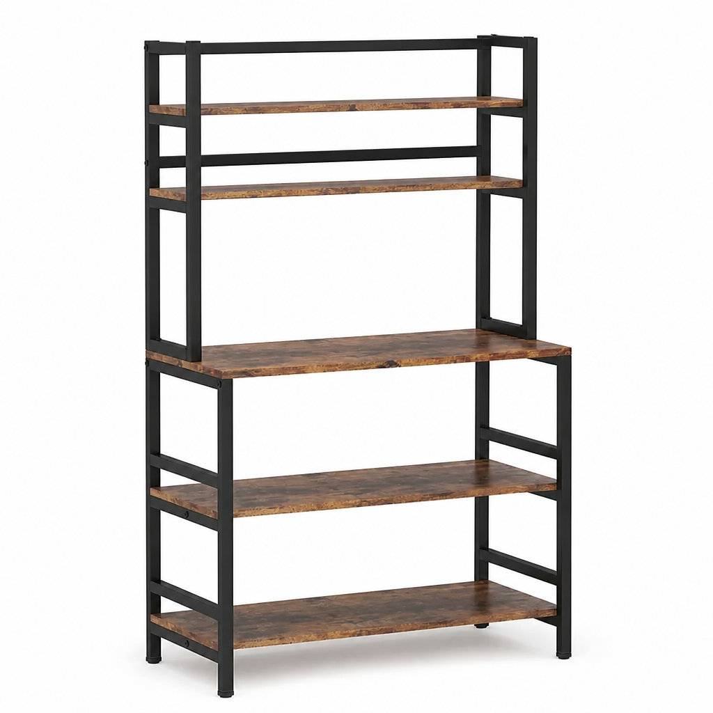 Stowena Industrial 5-Tier Kitchen Baker's Rack, Rustic Brown Freestanding Microwave Stand and Utility Storage Shelf with Hutch for Kitchen, Pantry, Dining Room, and Living Room