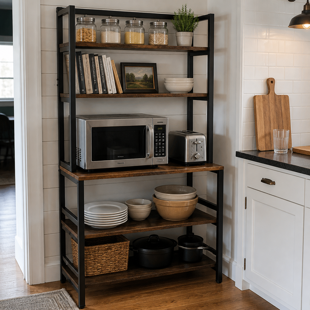 Stowena Industrial 5-Tier Kitchen Baker's Rack, Rustic Brown Freestanding Microwave Stand and Utility Storage Shelf with Hutch for Kitchen, Pantry, Dining Room, and Living Room