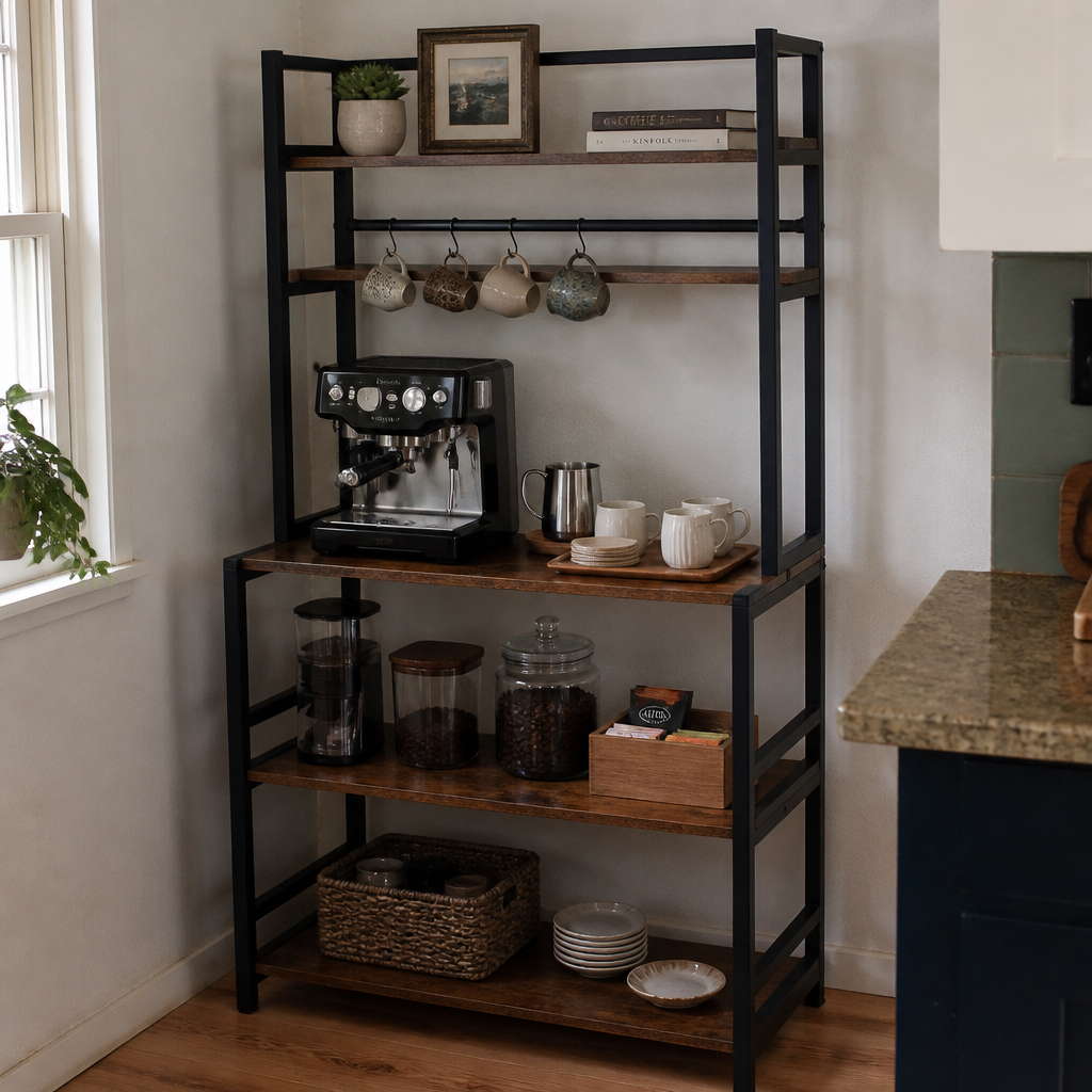 Stowena Industrial 5-Tier Kitchen Baker's Rack, Rustic Brown Freestanding Microwave Stand and Utility Storage Shelf with Hutch for Kitchen, Pantry, Dining Room, and Living Room