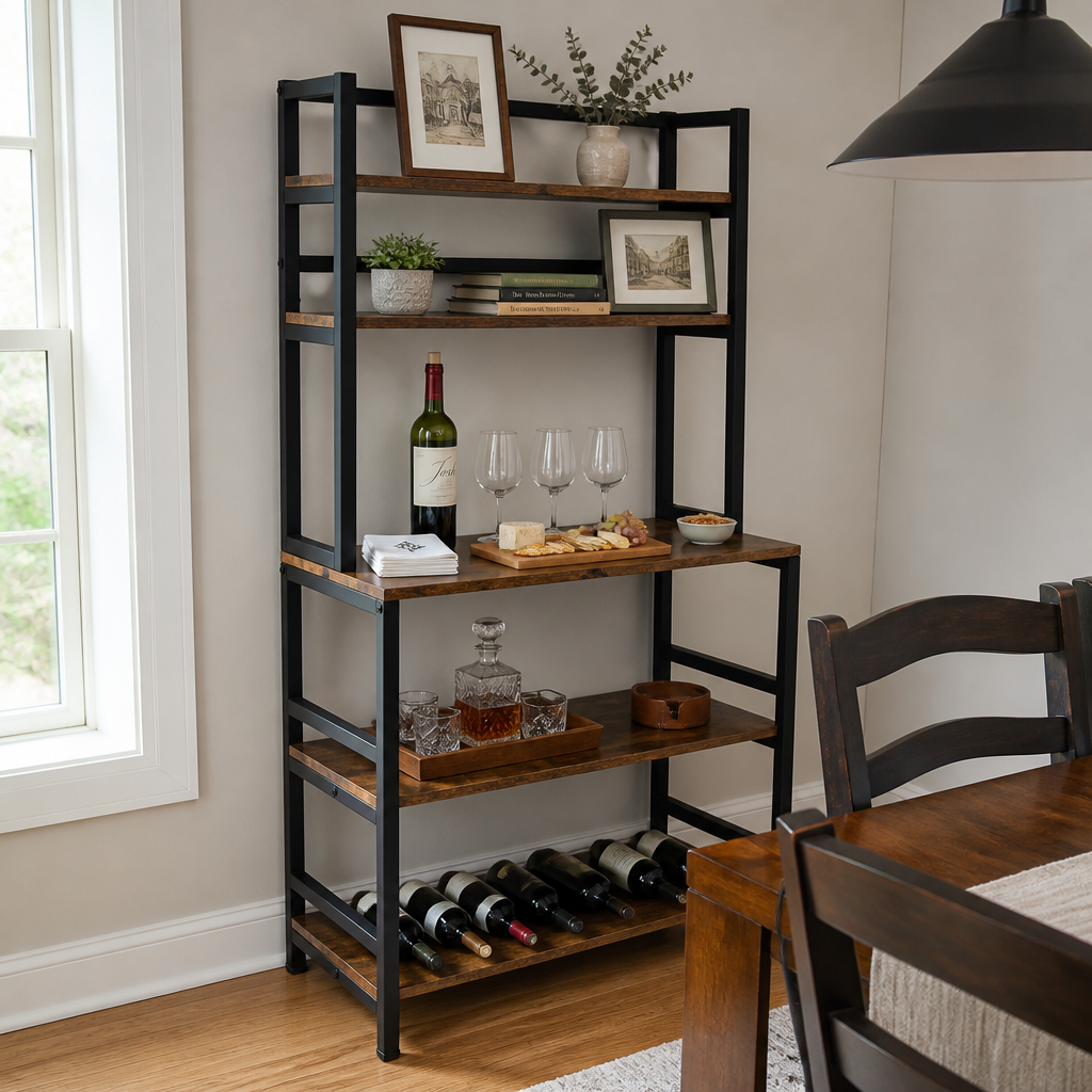 Stowena Industrial 5-Tier Kitchen Baker's Rack, Rustic Brown Freestanding Microwave Stand and Utility Storage Shelf with Hutch for Kitchen, Pantry, Dining Room, and Living Room