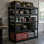 Stowena 60 in steel garage shelving unit, 5 tiers, 600 lb per shelf, in use