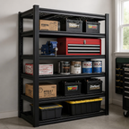 Stowena 60 in steel garage shelving unit, 5 tiers, 600 lb per shelf, in use