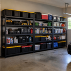 Stowena 60 in steel garage shelving unit, 5 tiers, 600 lb per shelf, in use