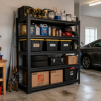 Stowena 60 in steel garage shelving unit, 5 tiers, 600 lb per shelf, in use