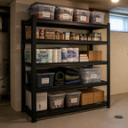 Stowena 60 in steel garage shelving unit, 5 tiers, 600 lb per shelf, in use