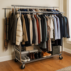 Stowena 75 in double rod rolling clothes rack, 630 lb, in use