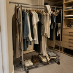 Stowena 75 in double rod rolling clothes rack, 630 lb, in use