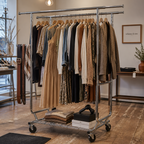 Stowena 75 in double rod rolling clothes rack, 630 lb, in use