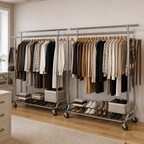 Stowena 75 in double rod rolling clothes rack, 630 lb, in use