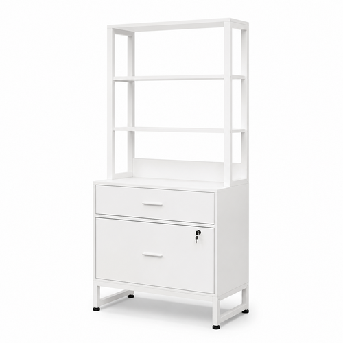 Stowena 2-Drawer Vertical File Cabinet with Lock and 4-Tier Bookshelf, Rustic Brown Industrial Filing Cabinet for Home Office, Bedroom, and Workspace Storage