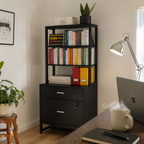 Stowena 2-drawer lockable file cabinet with bookshelf, 61.4 in tall, in use