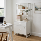 Stowena 2-drawer lockable file cabinet with bookshelf, 61.4 in tall, in use