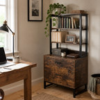 Stowena 2-drawer lockable file cabinet with bookshelf, 61.4 in tall, in use