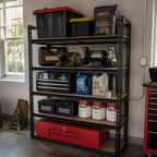 Stowena 35.5 in 5-tier steel shelving unit, 404 lb per shelf, in use