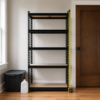 Stowena 35.5 in 5-tier steel shelving unit, 404 lb per shelf, in use