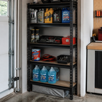 Stowena 35.5 in 5-tier steel shelving unit, 404 lb per shelf, in use