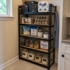 Stowena 35.5 in 5-tier steel shelving unit, 404 lb per shelf, in use
