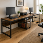 Stowena 78.74 in two-person desk with storage shelves, in use