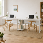 Stowena 78.74 in two-person desk with storage shelves, in use