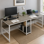 Stowena 78.74 in two-person desk with storage shelves, in use