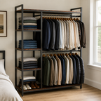 Stowena freestanding closet organizer, 70.86 in tall, 6 shelves and 2 hanging bars, in use