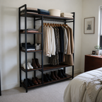 Stowena freestanding closet organizer, 70.86 in tall, 6 shelves and 2 hanging bars, in use