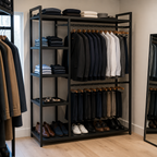 Stowena freestanding closet organizer, 70.86 in tall, 6 shelves and 2 hanging bars, in use
