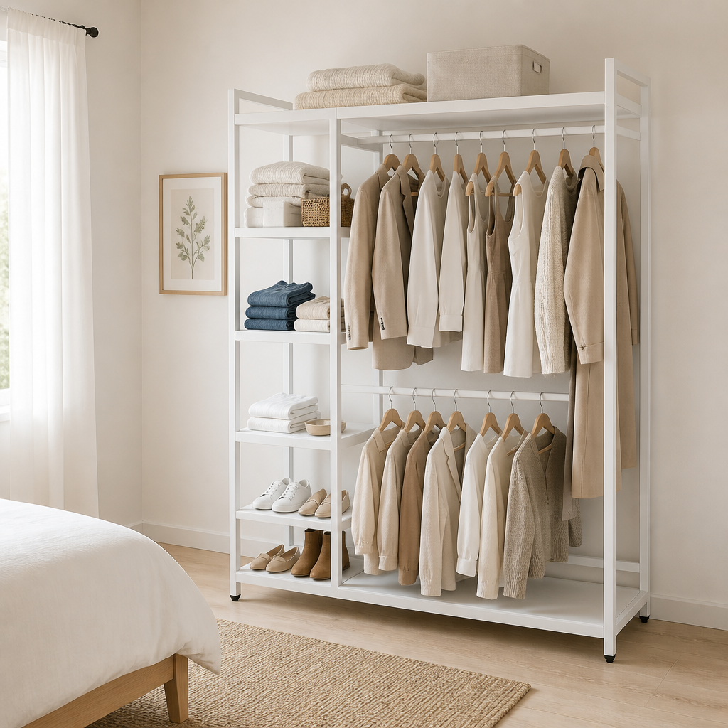 Stowena Heavy Duty Freestanding Closet Organizer with 6 Shelves and Hanging Bar, 350 lbs Capacity Portable Wardrobe Closet System, Steel Frame Clothing Rack for Bedroom, Apartment, Dorm, Walk-In Closet, Laundry Room, and Small Space Organization