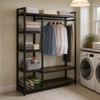 Stowena freestanding closet organizer, 70.86 in tall, 6 shelves and 2 hanging bars, in use