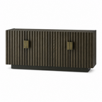 Stowena Sloane fluted TV stand, 59.1 x 15.7 x 22.8 in, grey oak veneer, brass handles, fits 75 in TV