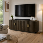 Stowena Sloane 59.1 in fluted TV stand, grey oak, in use