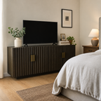 Stowena Sloane 59.1 in fluted TV stand, grey oak, in use